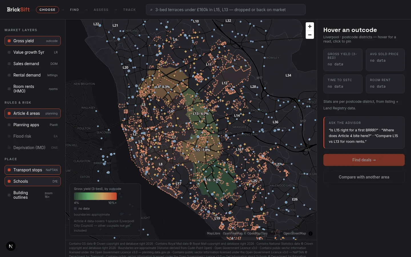 BrickSift area explorer: a dark map of Liverpool postcode districts shaded by gross yield, with Article 4 zones, planning applications, transport and schools as switchable layers.