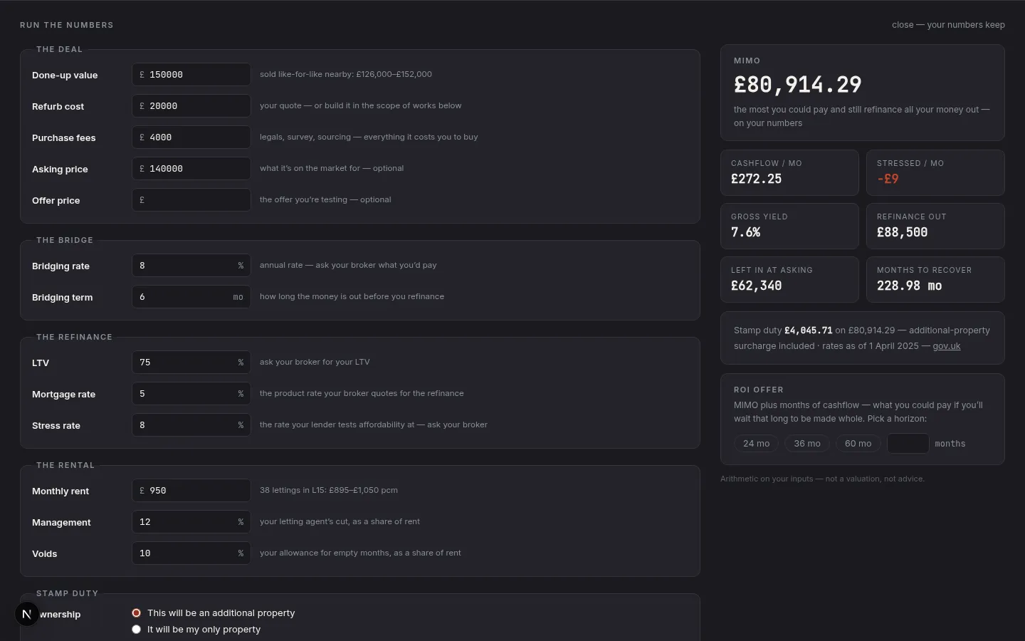 BrickSift Run-the-numbers calculator: MIMO, cashflow, gross yield and stamp duty computed from the investor’s own inputs.