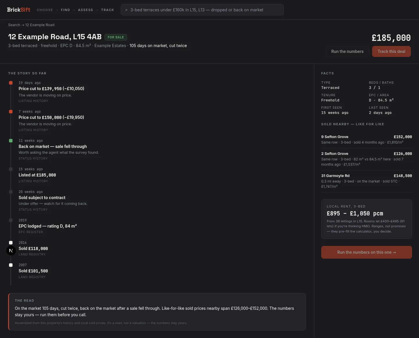 BrickSift property dossier: a timeline of every price cut, relist and sale that fell through, with like-for-like sold comparables and a local rent range.