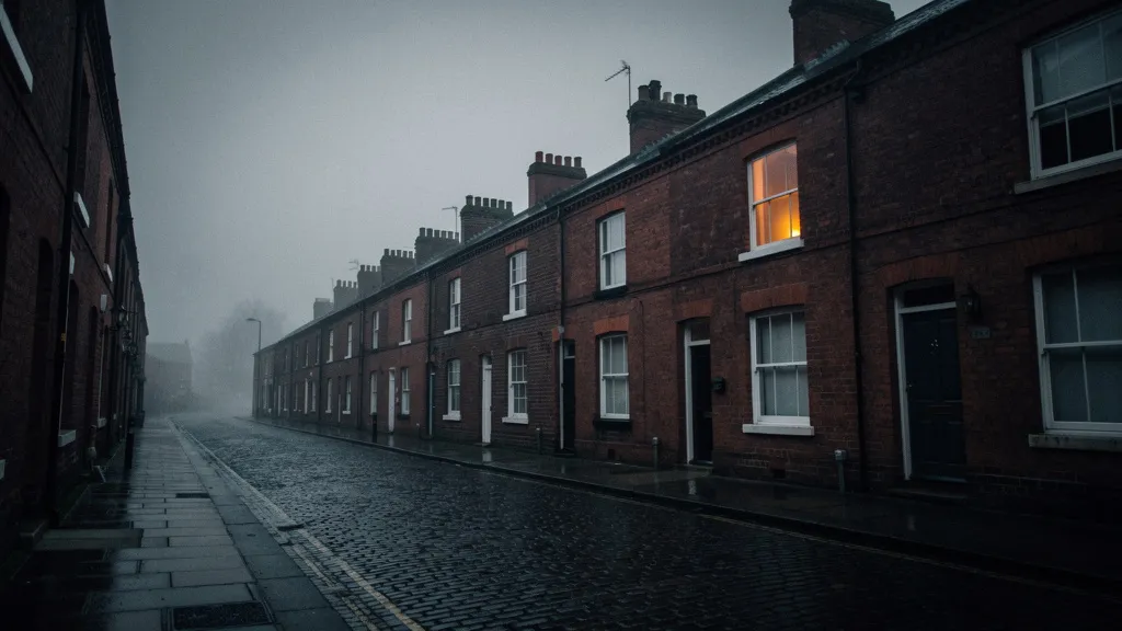 A quiet British red-brick terraced street at dusk, one upstairs window lit warm.