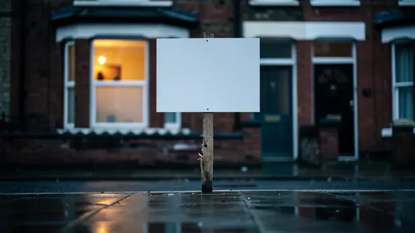 A plain estate-agent board outside a red-brick terraced house at dusk, one window lit warm, wet pavement.