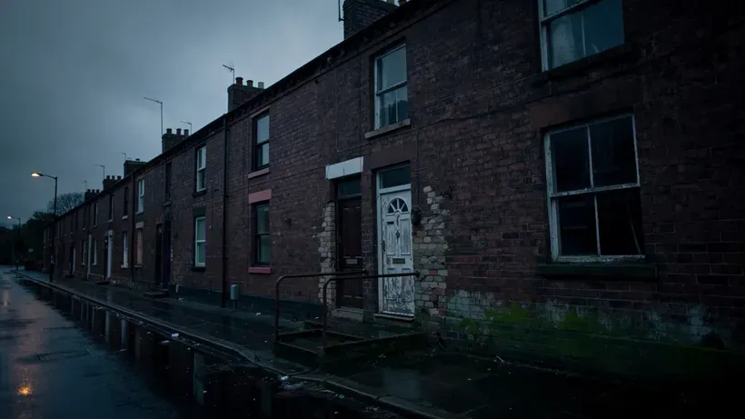 A dark, empty red-brick terraced house at dusk with bare, unlit windows on a wet street.