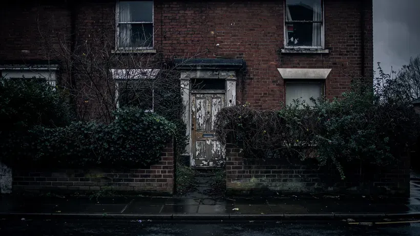 The overgrown front garden and weathered doorway of an empty red-brick terraced house at dusk.