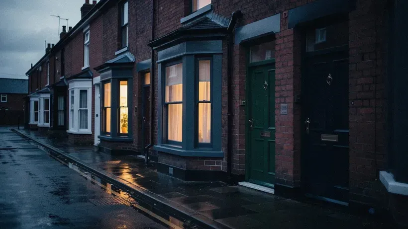 A row of red-brick terraced front doors and bay windows at dusk on a wet street, a couple of windows lit warm.