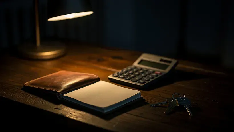 A desk at night lit by a single warm lamp, with a calculator, a notebook and a set of house keys.