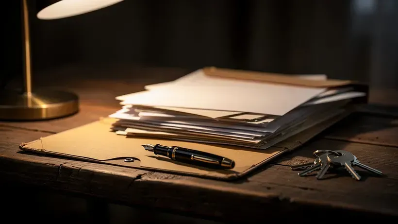 A manila folder of documents, a pen and a set of house keys on a desk under a single warm lamp.