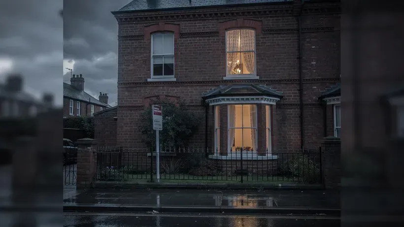 A red-brick terraced house at dusk with a lit bay window and an estate-agent board in the front garden.
